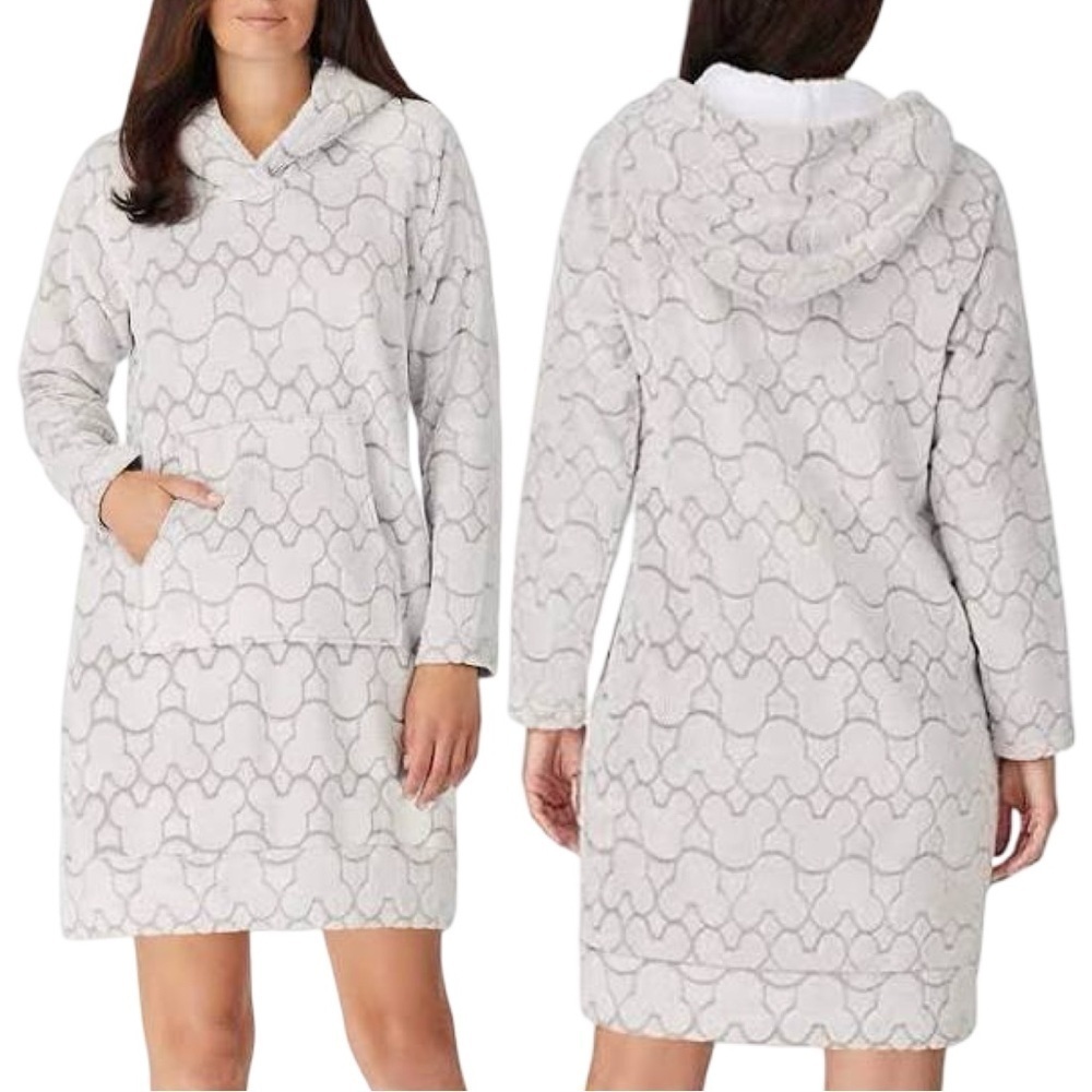 DISNEY MICKEY MOUSE Fleece Lounge Hooded Dress Size XL Gray Patterned LongSleeve